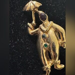 Jonette Clown in the Rain Pin  With Green Gems